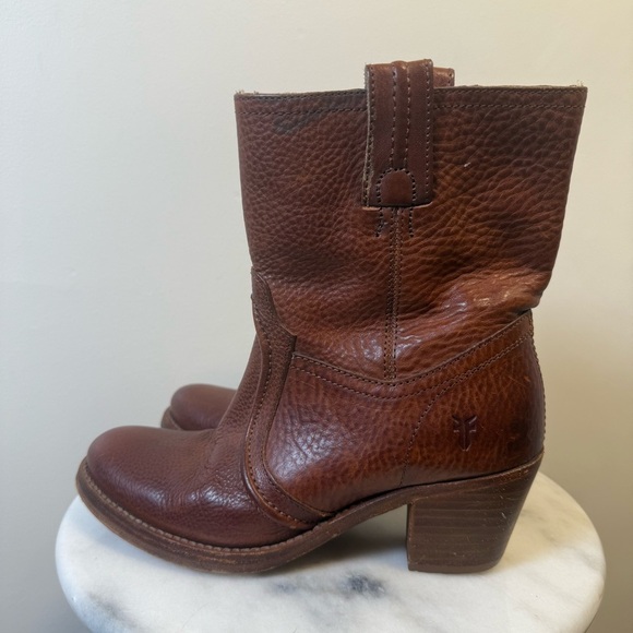 Frye Jane Trapunto Heeled Short Bootie Boots Saddle Brown Leather Size 5.5 - Picture 6 of 11